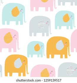 Seamless pattern with cute pastel elephants. Vector hand drawn illustration.