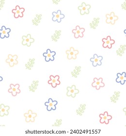 Seamless pattern of cute pastel flower with leaf on white background.Nature.Floral.Minimal style.Baby clothing.Print screen.Kawaii.Vector.Illustration.Illustrator.