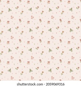 Seamless pattern with cute pastel flowers and butterflies. Childish style, vector illustration