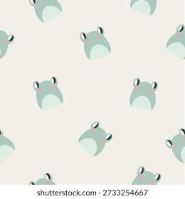 Seamless pattern with cute pastel green frogs with pink cheeks on light beige background. Soft nursery design in minimalist style. Perfect for baby textile, fabric, wallpaper, wrapping paper and kids decor.