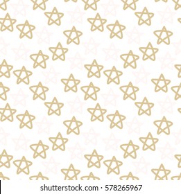 Seamless pattern with cute pastel pink and gold hand drawn thin line round little stars on white background. Messy festive wrapping paper, wallpaper, background. Vector illustration.