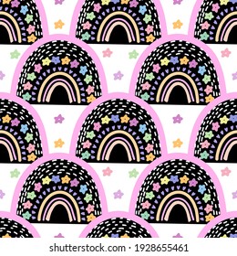 Seamless pattern. Cute pastel rainbow with words hugs and kisses. Valentines day. Vector graphic illustration, Design elements for Valentine's day.Vector illustration. Wallpaper, flyers, invitation