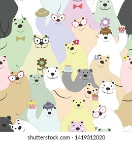 Seamless pattern cute pastel teddy bear cartoon happy on holiday,illustration vector doodle comic art for any card.