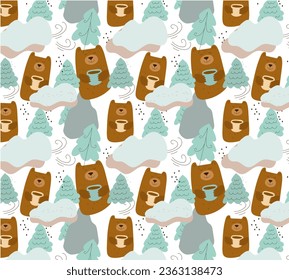 Patrón incomparable lindo paisaje de bosques de invierno pastel con osos divertidos. Huella infantil de moda. Dibujo plano de doodle dibujado a mano por vectores.