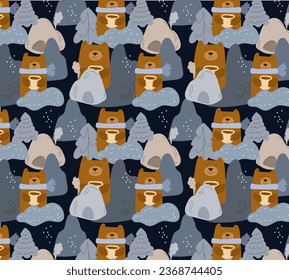 Seamless pattern cute pastel winter forest landscape with fun bears. Childish trendy print. Vector hand drawn doodle flat illustration.