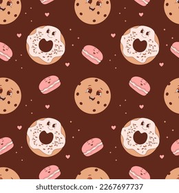 Seamless pattern with cute pastry. Cartoon sweet characters on brown background. Vector Illustration for wallpaper, design, textile, packaging, decor, kids collection