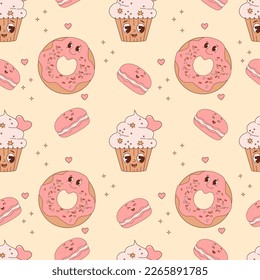 Seamless pattern with cute pastry characters. Cartoon donut, macaron and cake cupcake on yellow background. Vector Illustration for wallpaper, design, textile, packaging, decor, kids collection