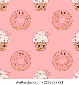 Seamless pattern with cute pastry characters. Groovy cartoon donut and cake cupcake on pink background. Vector Illustration for wallpaper, design, textile, packaging, decor, childrens collection