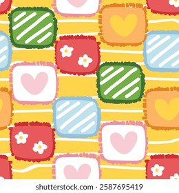 Seamless pattern of cute patchwork blanket background.Bedsheet.Cloth.Flower,heart,line hand drawn.Kawaii.Vector.Illustration.