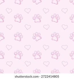 Patrón sin fisuras con lindos estampados de patas y corazones en tonos rosados. Fondo de arte de línea mínima. Perfecto para temas de mascotas, diseños de San Valentín, textiles, papel de regalo, papelería, fondos digitales.
