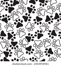 Seamless pattern with cute paws animals. Grooming. Veterinary. Pets. Seamless pattern for pet shop, prints, design. Repeating cartoon black dog or cat on white background. Repeated elements pet textur