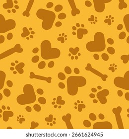 Patrón sin fisuras con lindas patas de gatos o perros y huesos. Dibujado a mano divertido estampado infantil. Estampado monocromo. Colores amarillo y marrón. Ilustración vectorial