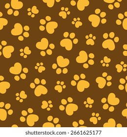 Seamless pattern with cute paws cats or dogs. Hand drawn fun childish print. Monochrome print. Yellow and brown colors. Vector illustration