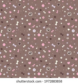 Seamless pattern with cute paws, hearts, flowers and bones on a pink background. The pattern is separated from the background.