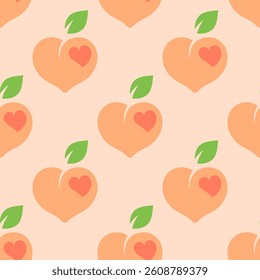 Seamless pattern with cute peaches on a pastel pink background for Valentines Day. Heart shaped peaches background in flat cartoon style. Cute pattern with peach hearts for a wrapping paper, textiles.
