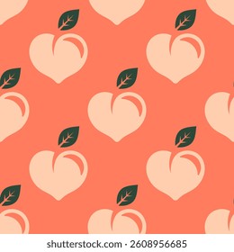 Seamless pattern with cute peaches on a pink background. Heart shaped peaches in flat cartoon style. Valentines Day vector pattern with peach hearts for a wrapping paper, textile prints.