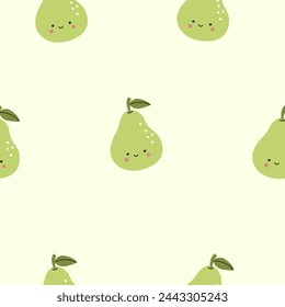 Seamless pattern with cute pear fruits on a blue background. Vector illustration for printing. Cute children's background.