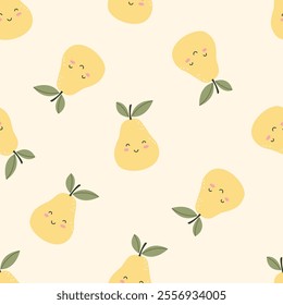 Seamless pattern with cute pear fruits on a colored background. Vector illustration for printing. Cute children's background. Food and drinks