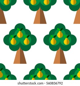 Seamless pattern with cute pear trees in flat style on the white background. Vector.