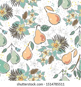 
Seamless Pattern with Cute Pears and Flowers. Scandinavian Style. Vector Illustration 
