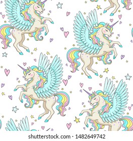 Seamless Pattern With Cute Pegasus, Stars And Hearts Around. Vector Isolated 