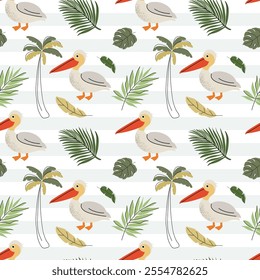 Seamless pattern with cute pelican. Exotic birds. Childish jungle background. Tropical wallpaper.