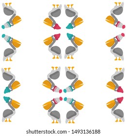 Seamless pattern with cute pelicans in warm wool colorful knitted hats on white background. Concept for paper design, postcard, textile for kids, prints.