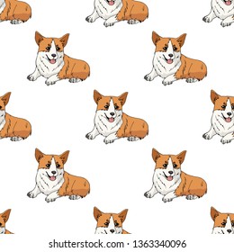 Seamless pattern with cute pembroke welsh corgi on white background. Endless texture with funny cartoon dogs for your design