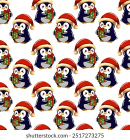 Seamless pattern of cute penguims for Christmas and New Year deecorations