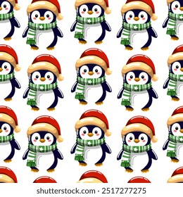 Seamless pattern of cute penguims for Christmas and New Year deecorations