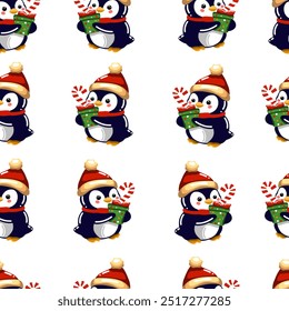 Seamless pattern of cute penguims for Christmas and New Year deecorations