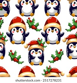 Seamless pattern of cute penguims for Christmas and New Year deecorations