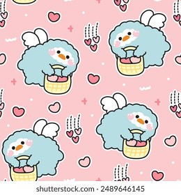 Nahtloses Muster von niedlichen Pinguin-Engel fliegen halten Herz Korb Hintergrund.Valentinstag.Vogel Tier Charakter Cartoon Design.Bild für Karte,Poster,Aufkleber.Baby Produkt.Kawaii.Vektorgrafik.Illustration.