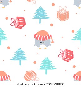 Nahtlose Muster süße Pinguine als Geschenk in fröhlichem Weihnachtsfest auf weißem Hintergrund. Vektorgrafik.