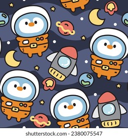 Seamless pattern of cute penguin astronaut with rocket and planet galaxy background.Bird animal chatacter cartoon design.Image for card,poster,baby clothing.Kawaii.Vector.Illustration.