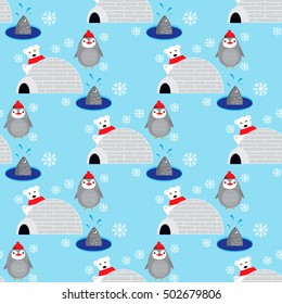 Seamless pattern with cute penguin and bear in Antarctica