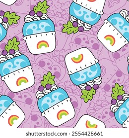 Seamless pattern of cute penguin blueberry ice cream flavor with whipping cream background.Sweet and dessert.Polar bird animal cartoon hand drawn.Kawaii.Vector.Illustration.