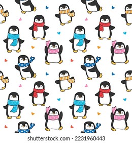 Seamless Pattern with Cute Penguin Character Design on White Background