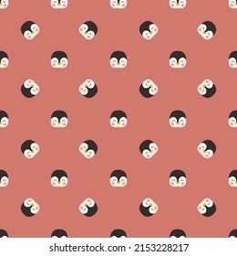 Seamless pattern with cute penguin in childish style with smile face and eyes on red background. Print of funny winter bird with happy face. Vector flat illustration for holidays