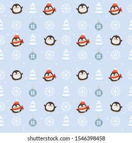 The seamless pattern of cute penguin with christmas ball and christmas tree and snowflakes on the blue background in flat vector.