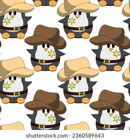 Seamless pattern with Cute Penguin Cowboy Sheriff