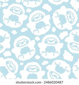 Seamless pattern of cute penguin doll with cloud hand drawn background.Bird animal character cartoon design.Kawaii.Vector.Illustration.