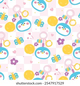 Seamless pattern of cute penguin face head keychain bag with bead and furry ball pastel background.Butterfly,flower,heart.Polar bird animal cartoon.Kawaii.Vector.Illustration.