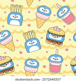 Seamless pattern of cute penguin face head in food concept background.Fastfood.Hamburger,fresh fried,ice cream,drink.Polar bird animal character cartoon.Kawaii.Vector.Illustration.