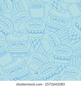 Seamless pattern of cute penguin face head line in food concept background.Fastfood.Hamburger,fresh fried,ice cream,drink.Polar bird animal character cartoon.Kawaii.Vector.Illustration.