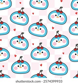 Seamless pattern of cute penguin face with cherry and heart background.Polar bird animal character cartoon design.Baby clothing.Kawaii.Vector.Illustration.