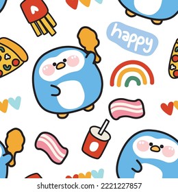 Seamless pattern of cute penguin with fastfood on white background.Animal and food hand drawn.Bacon,drink,pizza,heart,rainbow doodle.Kawaii.Vector.Illustration.