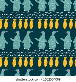 Seamless pattern with cute penguin with fishes. Vector texture in childish style great for fabric and textile, wallpapers, backgrounds. Creative animal childish texture.
