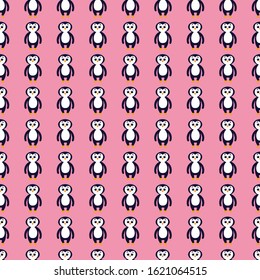 Seamless pattern with cute penguin in a flat style on a pink background. Stock vector illustration for decoration and design, packaging, wallpaper, wrapping paper, fabrics, posters, postcards, textile