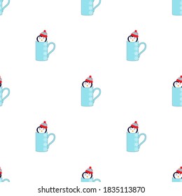 Seamless pattern with a cute penguin in a hat in a pastel cup with snowflakes on a white background. Vintage prints in flat style for interior. Stock vector illustration for decor and design, fabric.